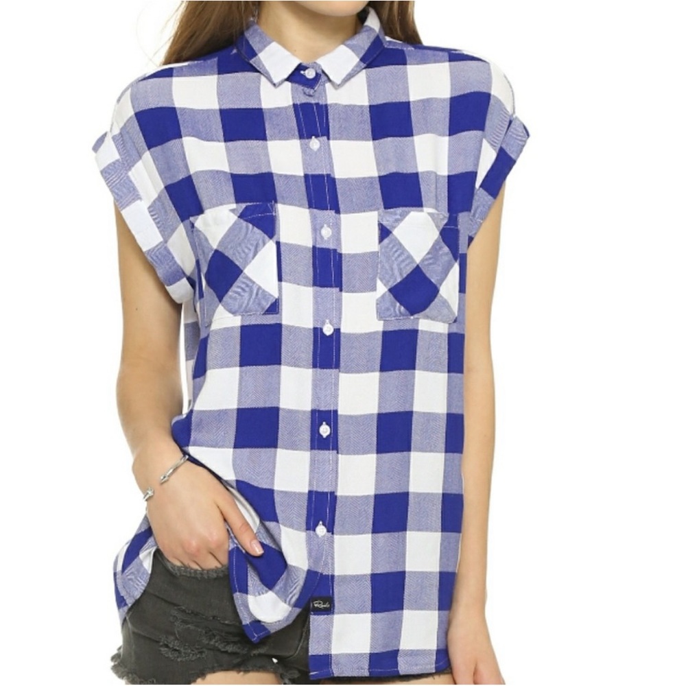 Rails Cap Sleeve Blue White Check Button Shirt Size XS